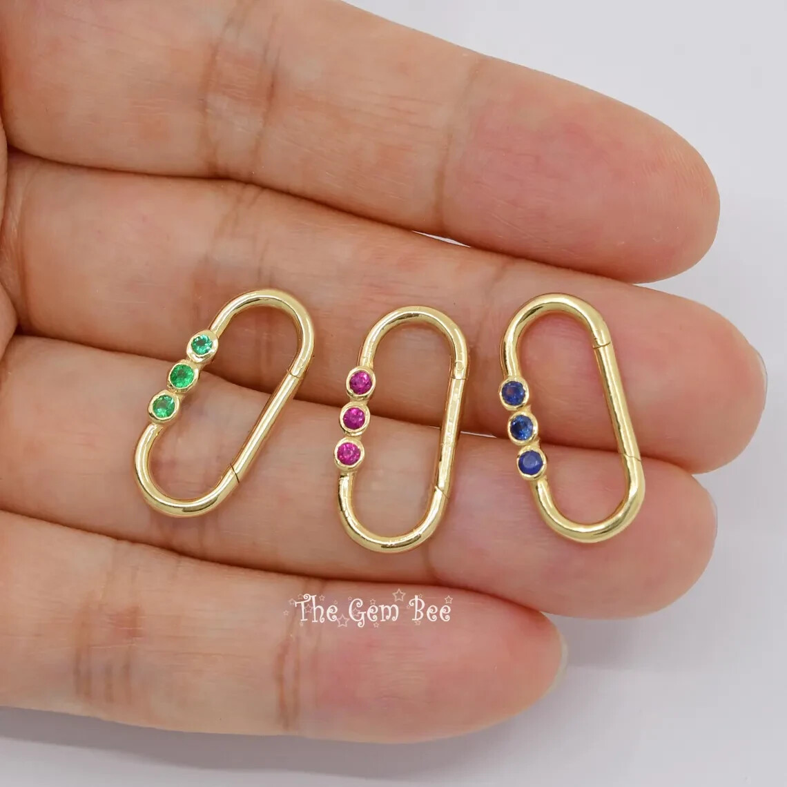 10mmx21.5mm 14K Yellow Gold Blue Sapphire Charm Holder Snap Lock Carabiner
