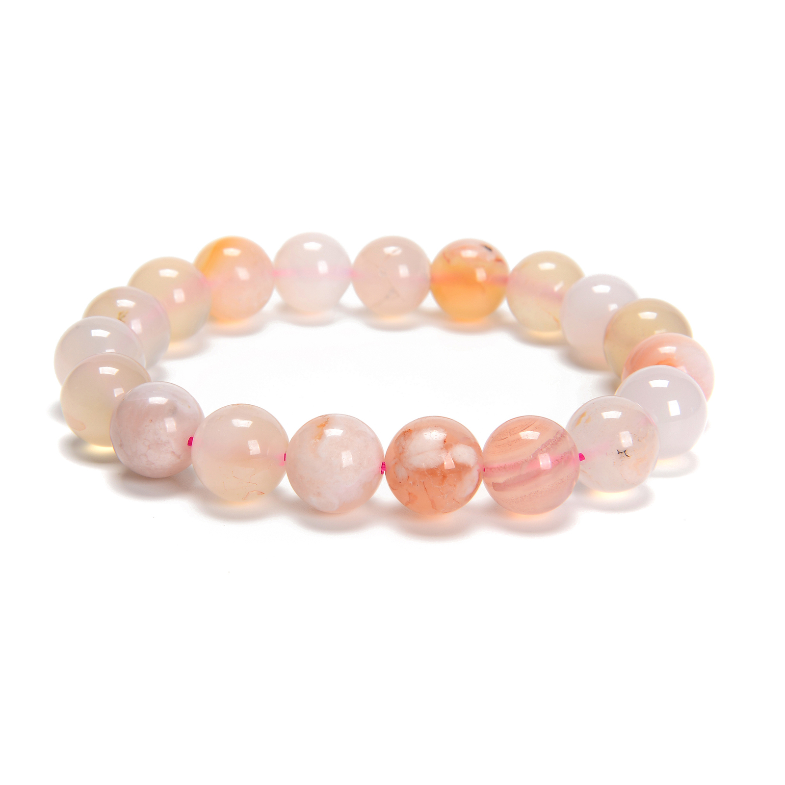 Cherry Flower Sakura Agate Smooth Round Bracelet 10mm 7.5” Length Sold by Piece