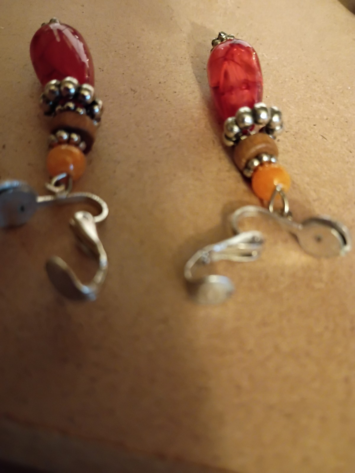 Red Broken Glass Bead, Wood Bead Dangle Clip-On Earrings Silver Tone Vintage