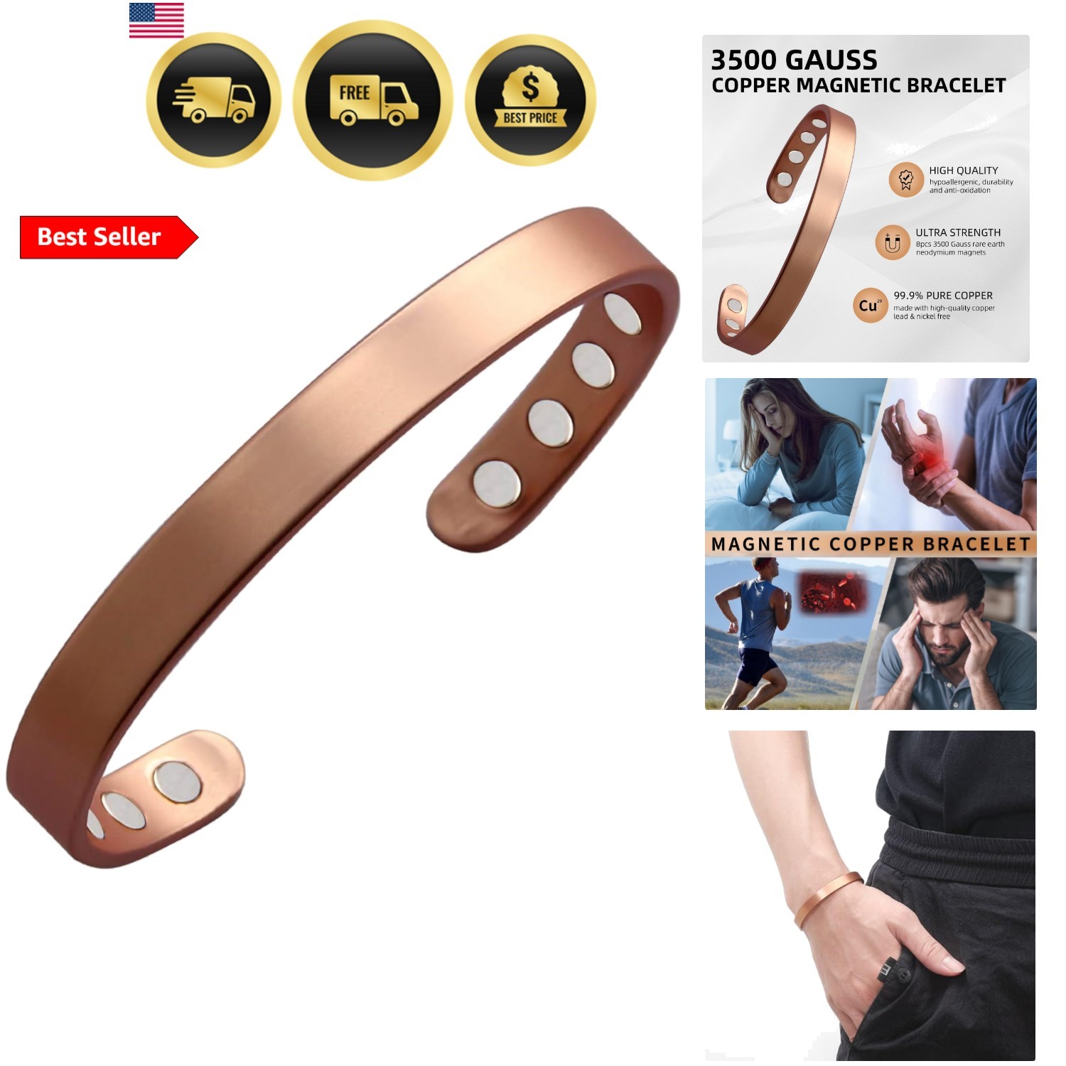 Copper Bracelet for Men and Women, 99.9% Pure Copper Magnetic Bangle with 8pc…