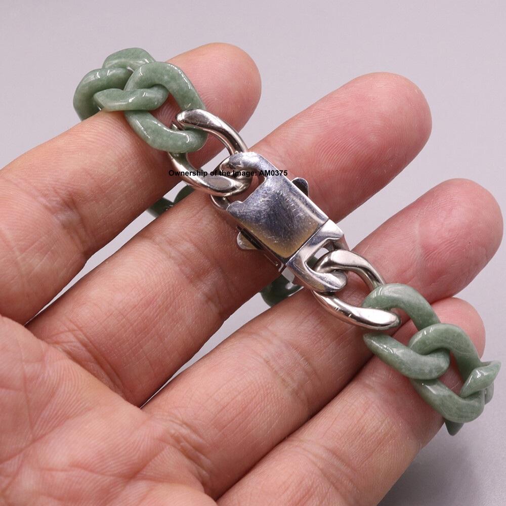 Natural Grade A Green Jade Curb Cuban Bracelet For Men 12mm Width Fit 7.48INCH