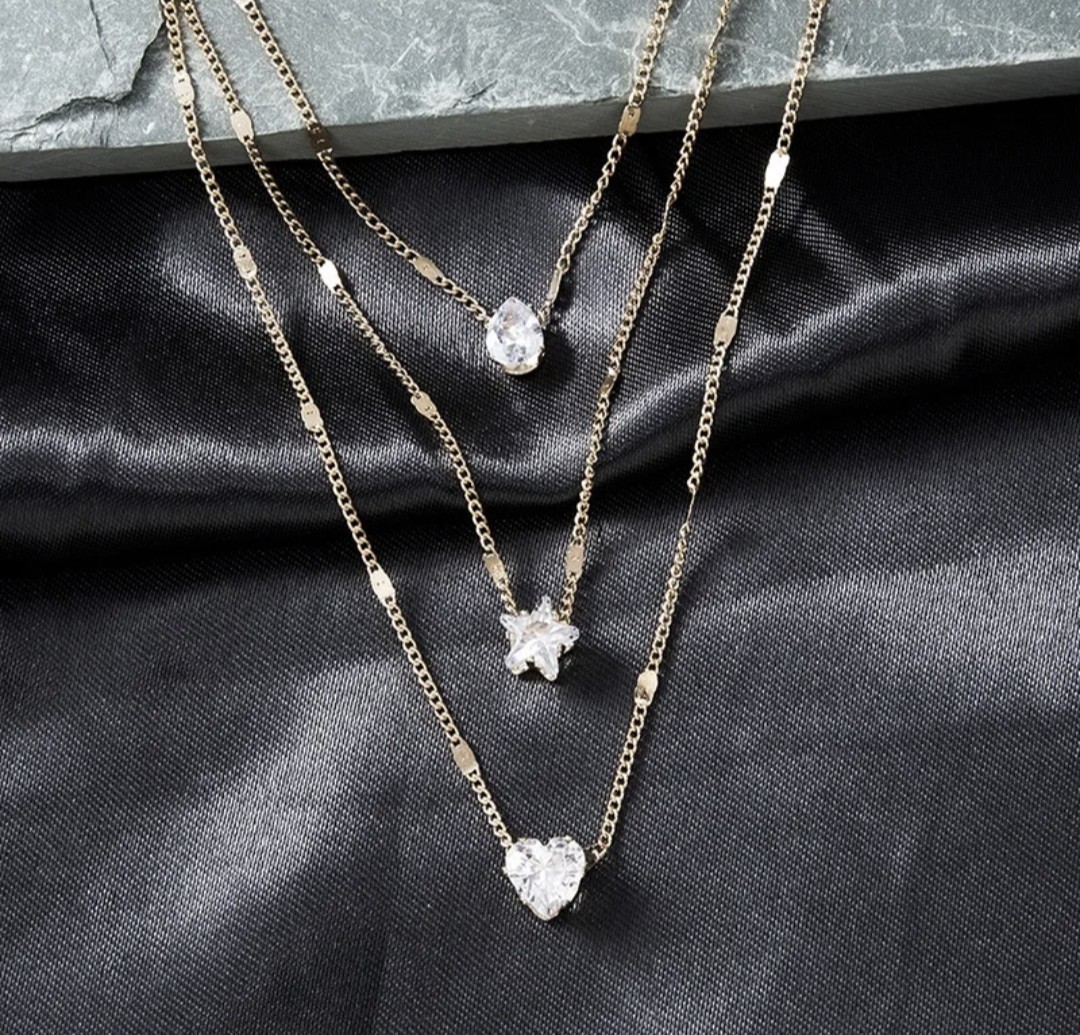 Gold Layered Multi-Chain Cable Necklace Heart & Star Clear Crystal Charms