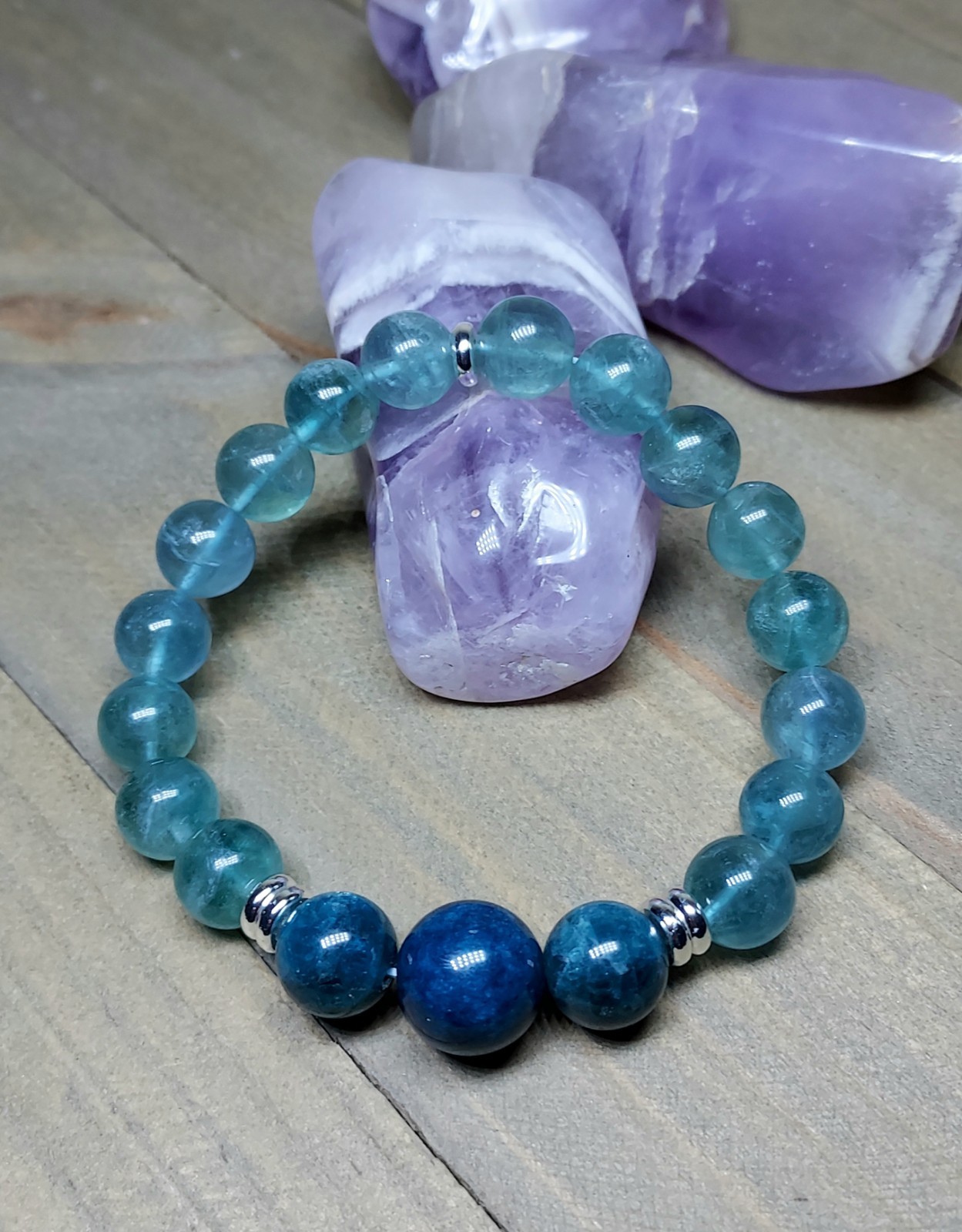 Blue Fluorite Bracelet With Blue Apatite, One Of A Kind Crystal Healing, 6.50″