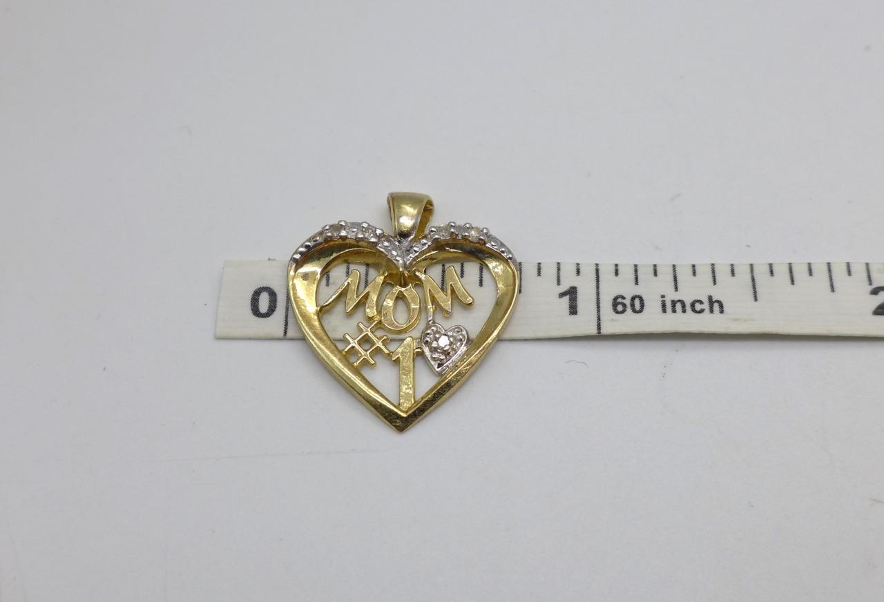 MOM #1 Heart Pendant with Diamonds 10KT Stamped Yellow Gold