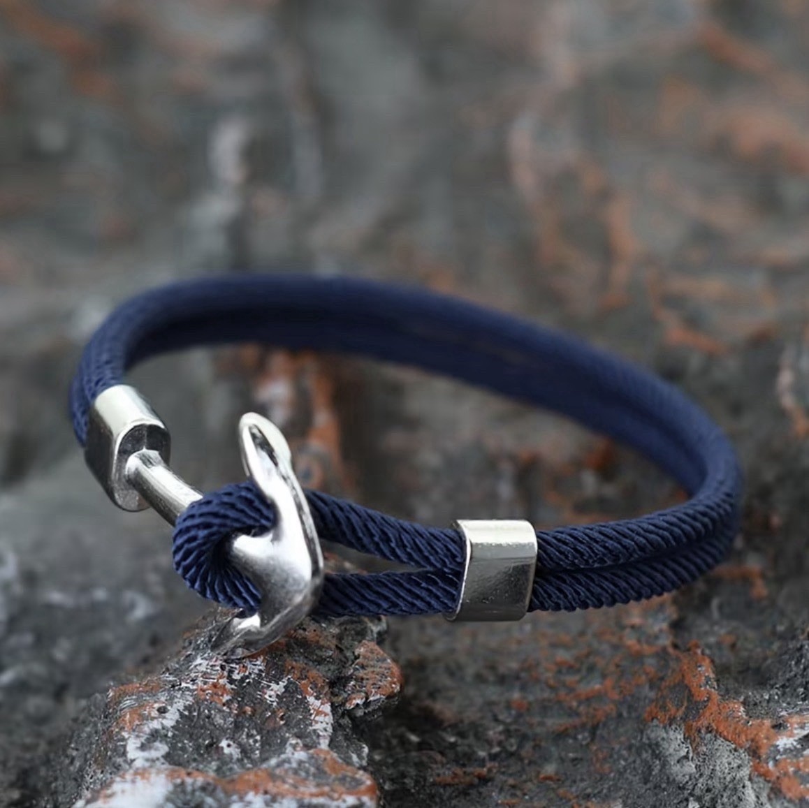 Men’s navy blue rope bracelet with anchor dangle charm, 20.5 cm