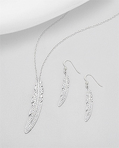 Solid Sterling Silver CZ Bird Feathers 18″ Long Chain Pendant Earrings Set 7.36g