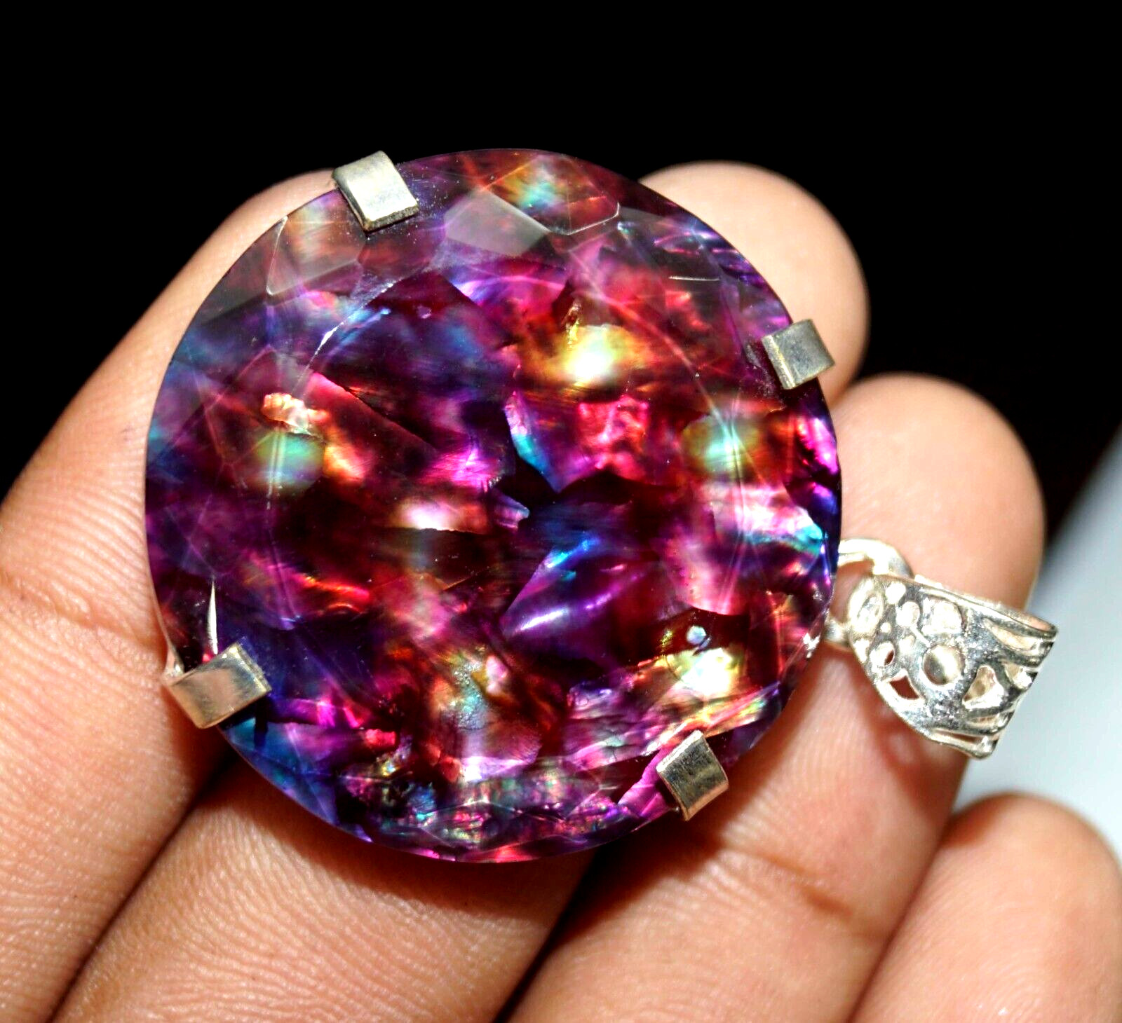 Certified 80.85 Ct Natural Ammolite 925 Silver Round Cut Pendant Loose Gemstone