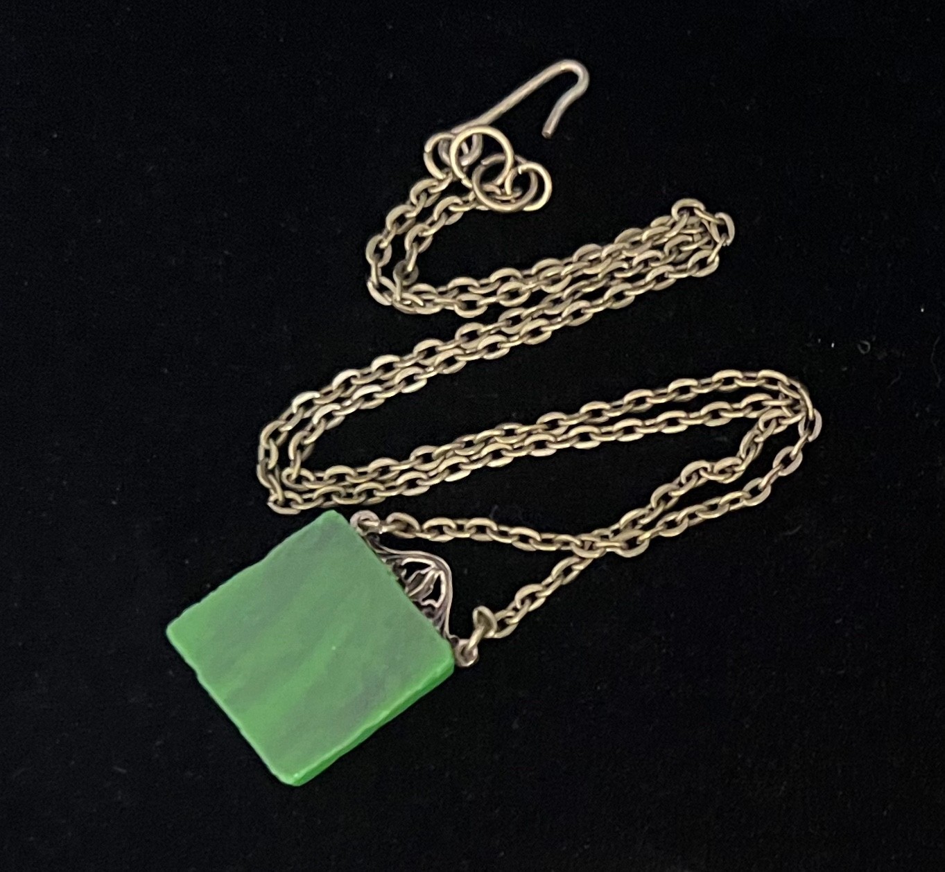 Vintage Necklace Art Deco Brass Antique Carved Green Czech Glass Pendant