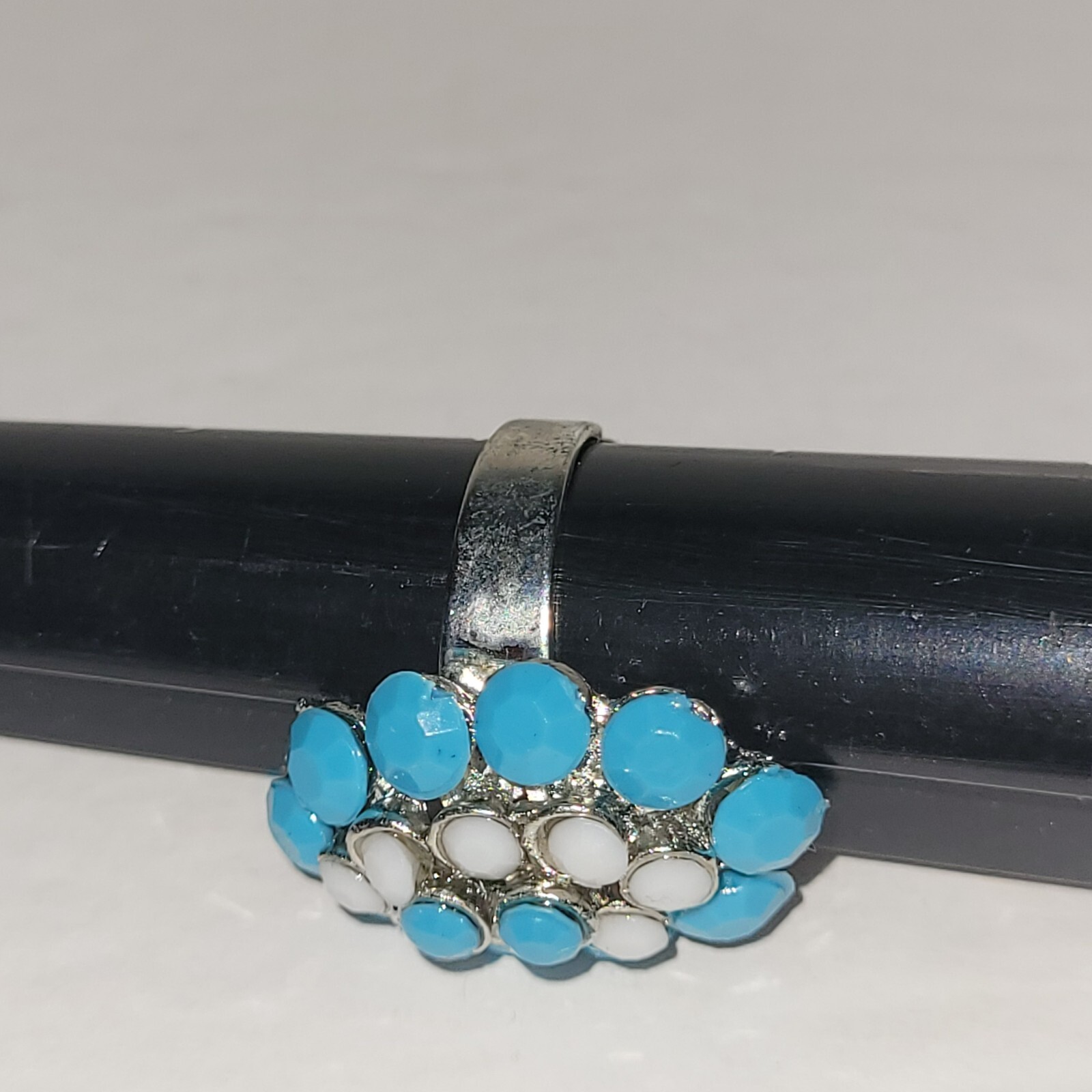 Fashion Ring Cocktail Blue White Silver Tone Adjustable