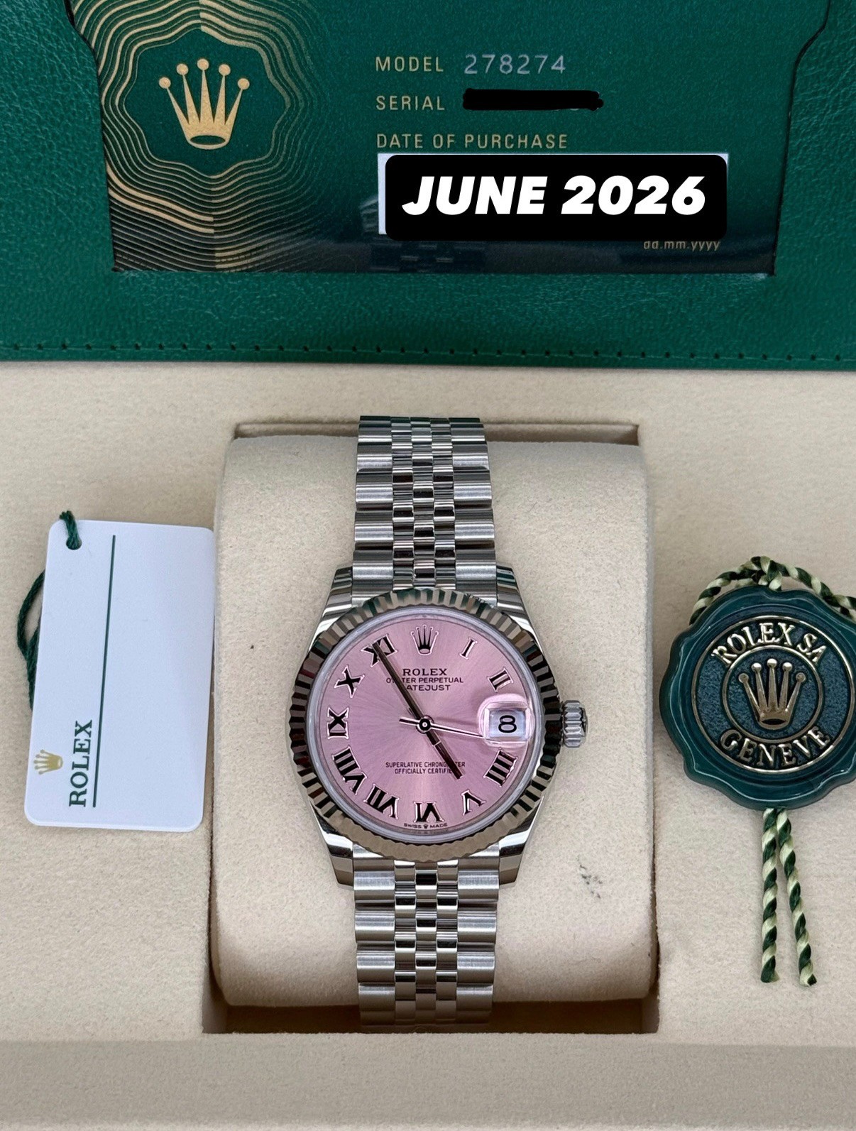 2026 Rolex Datejust 31 Pink Roman Dial on Jubilee 278274 Complete