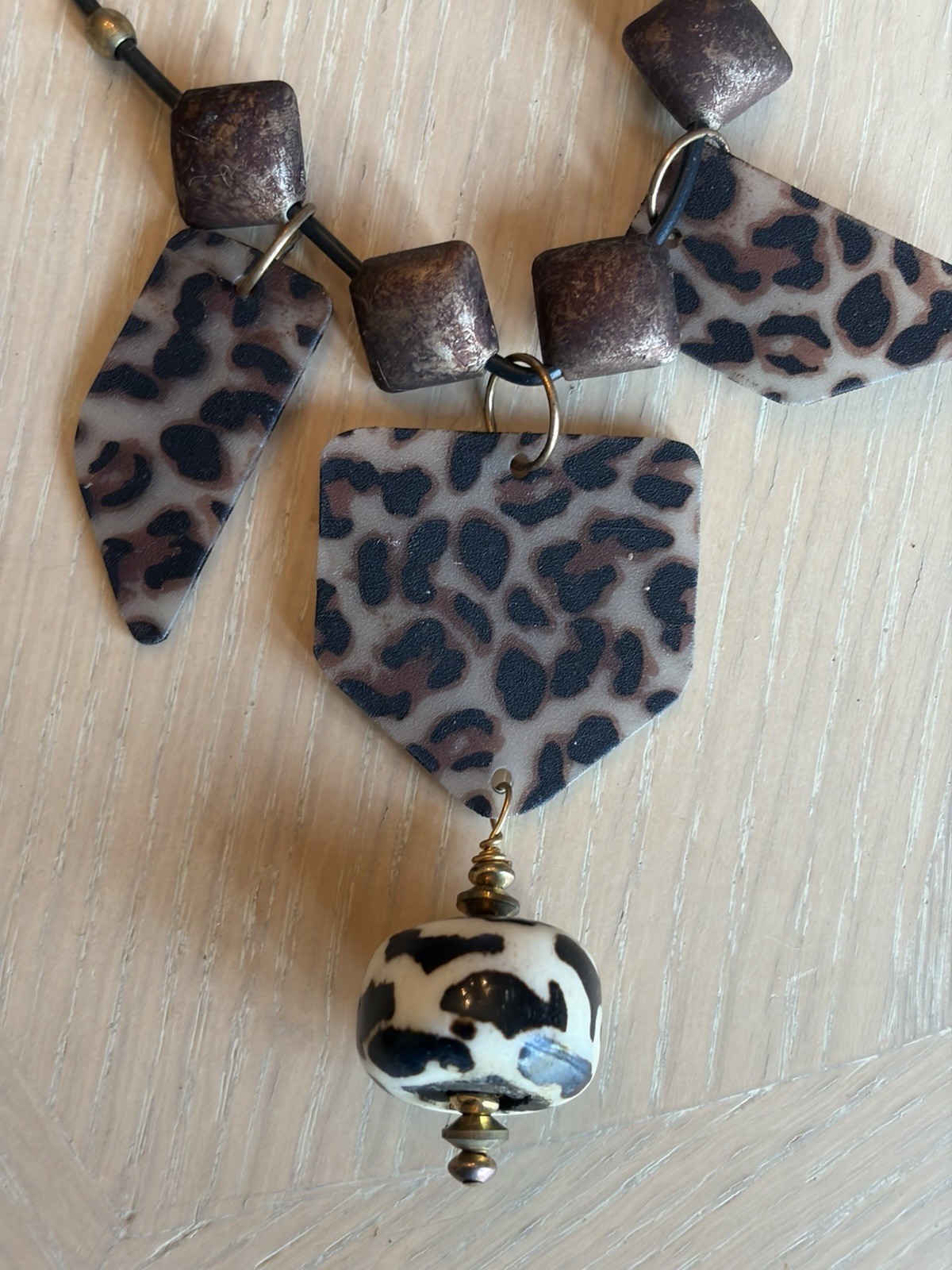 Brown, Black & Off White Leopard Animal Print Pendant Necklace
