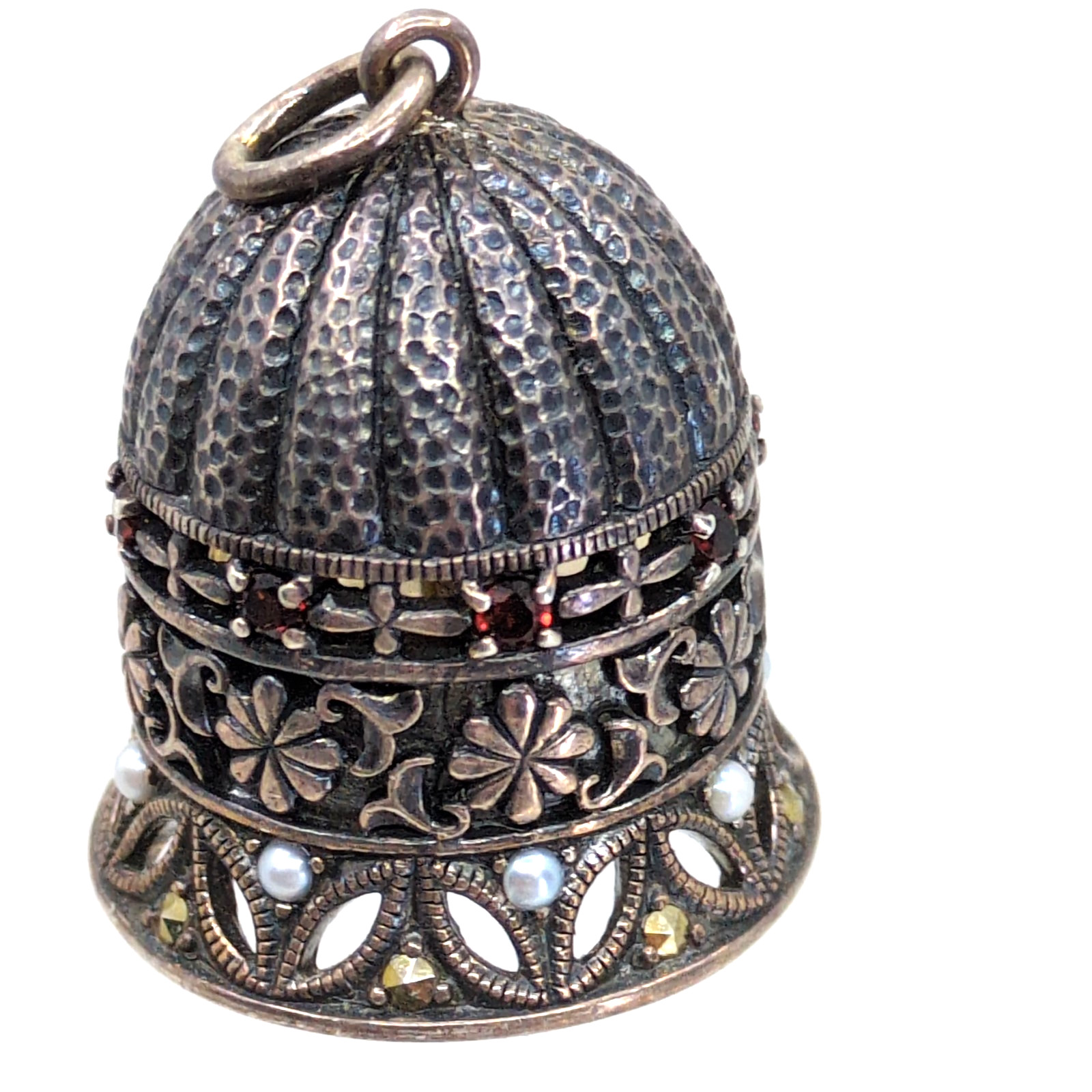 Vintage Victorian-Revival Ornate Sterling Silver Real Jingle Bell Pendant Garnet