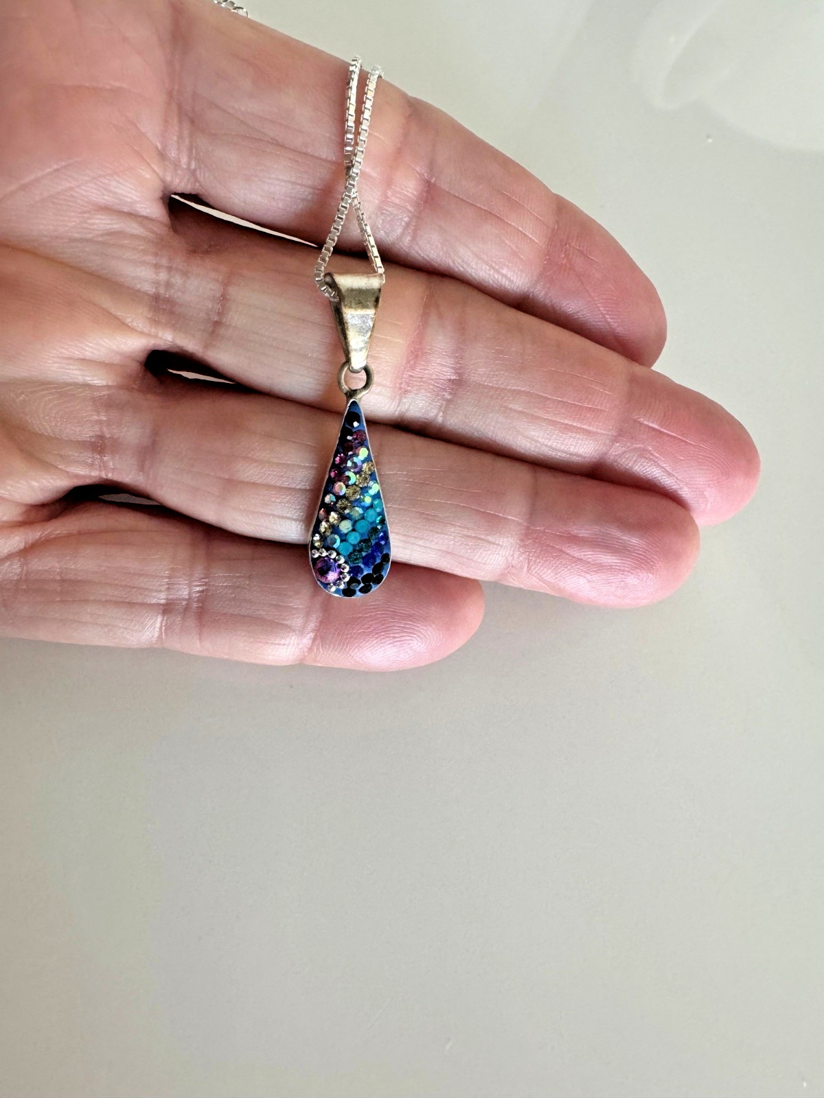 Mosaico Sterling Silver Mosaic Teardrop Pendant W/Chain- dichroic glass/crystal