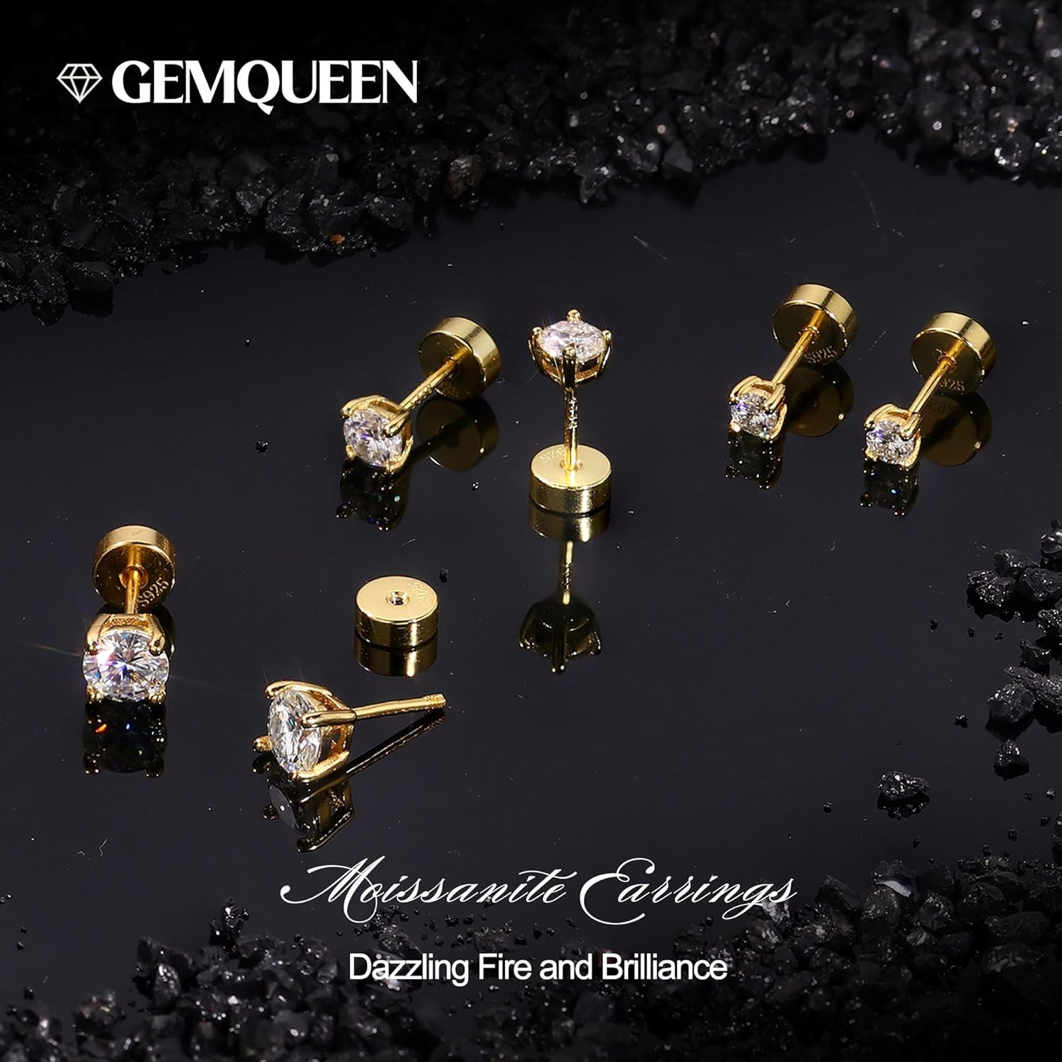 3/4 Pairs Moissanite Earrings Studs 14K Gold Plated S925 Sterling Silver Flat Ba