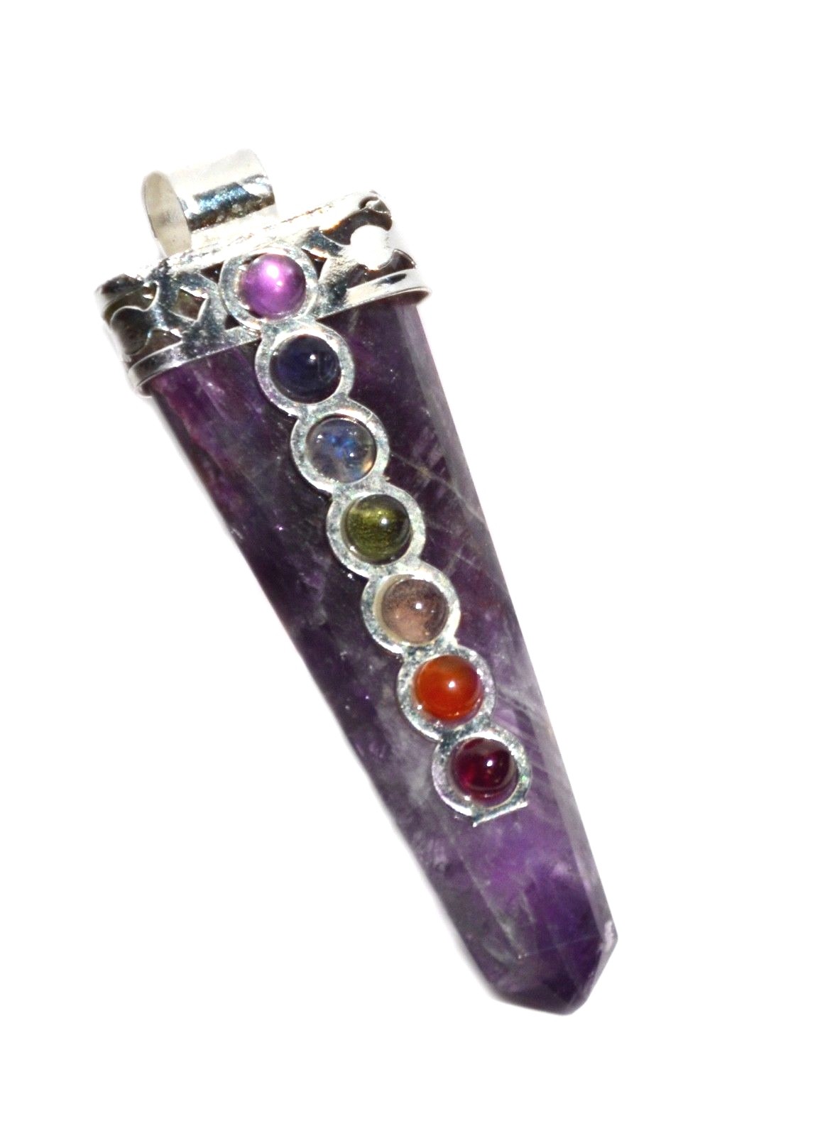 Amethyst Crystal Point 7 Chakra Gemstone Silver Pendant Necklace Reiki Healing