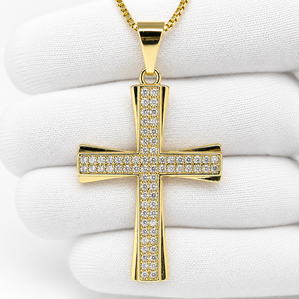 Italian 1/200 Iced CZ Two Row 14k Yellow Gold Oro Cross Pendant Cadena Men Women