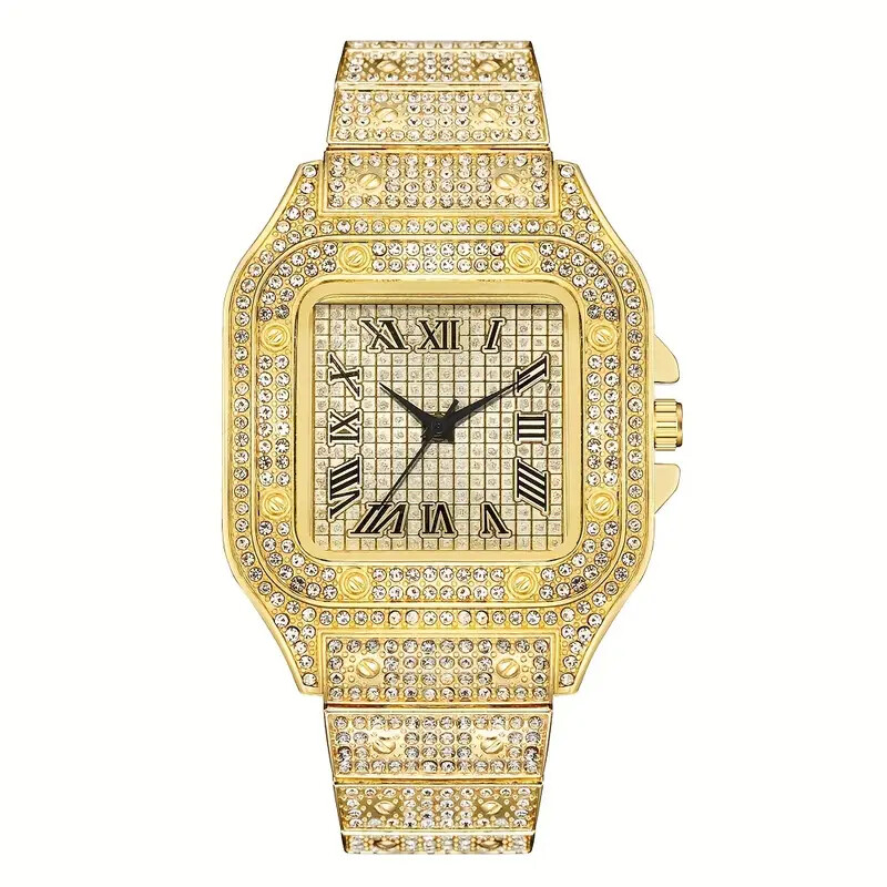 MEN’S ICED LUXURY GOLD PLATED SIMULATED DIAMOND METAL BAND WRIST SQUARE WATCH