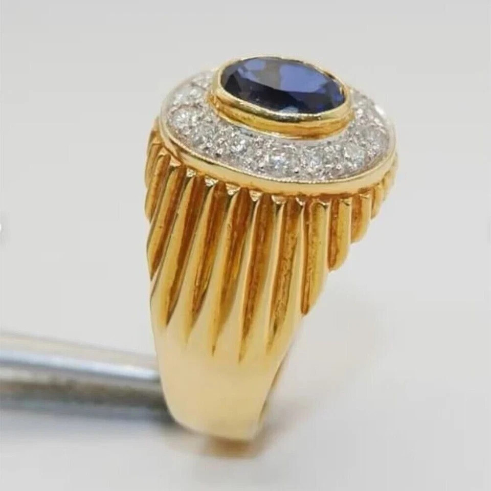 1.50CT Lab Grown Sapphire & Diamond 14K Yellow Gold Halo Engagement Men’s Ring