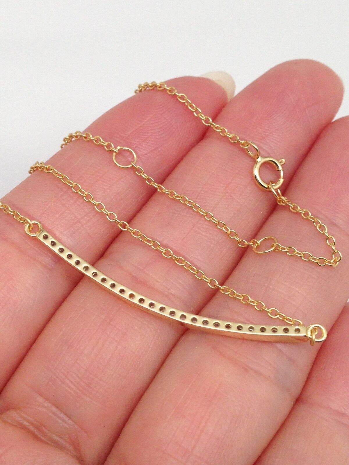 925 Sterling Silver CZ Curved Bar Pendant Necklace Sideways Gold Bar 35mm/1.38″