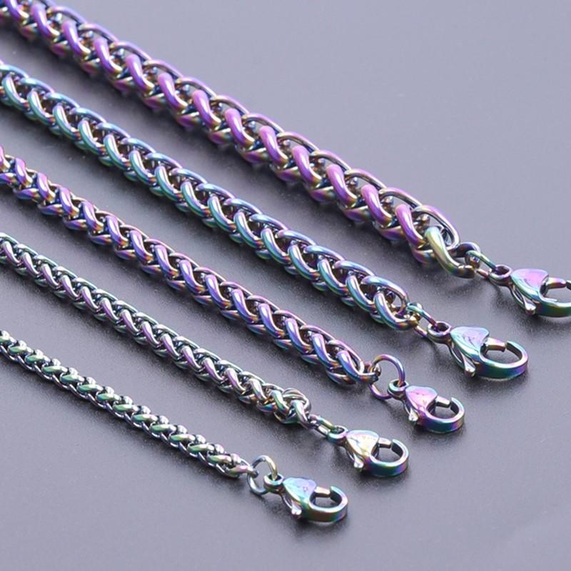 Braided Wheat Link 3-7mm Mens Chain Rainbow Stainless Steel Necklace Gift