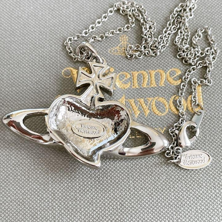 Vivienne Westwood Red Diamante Heart Necklace Silver