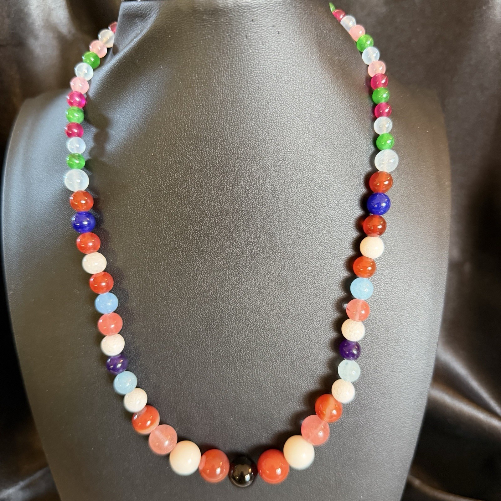 Natural Gemstones Round Smooth Bead Necklace 18” Sterling Silver 45 grams