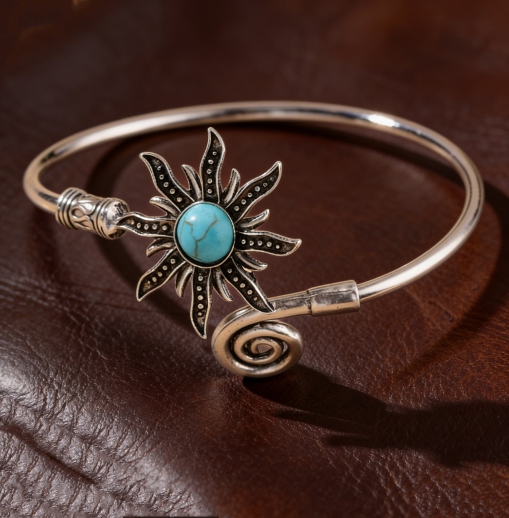 Retro Turquoise Inlay Sunflower Silver Plated Alloy Fashion Open Bracelet