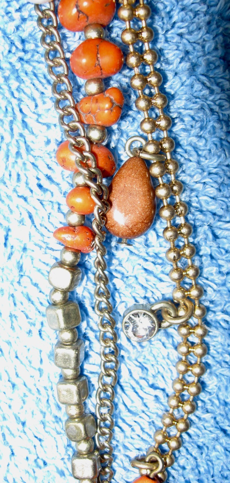 “T” Logo FLOATING 3 STRAND Orange Turquoise Beaded Necklace; Chain; Cord Lobster