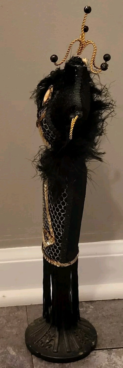 Victorian Style Fringed Sequin Mannequin Doll Hook Jewelry Holder Cameo Feathers