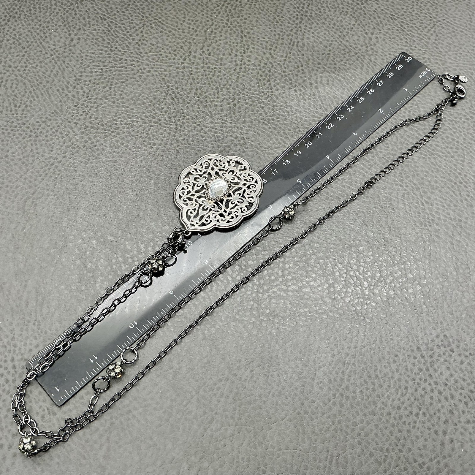 Premier Designs Necklace Silver Tone Crystal Clover Pendant Station Long Chain