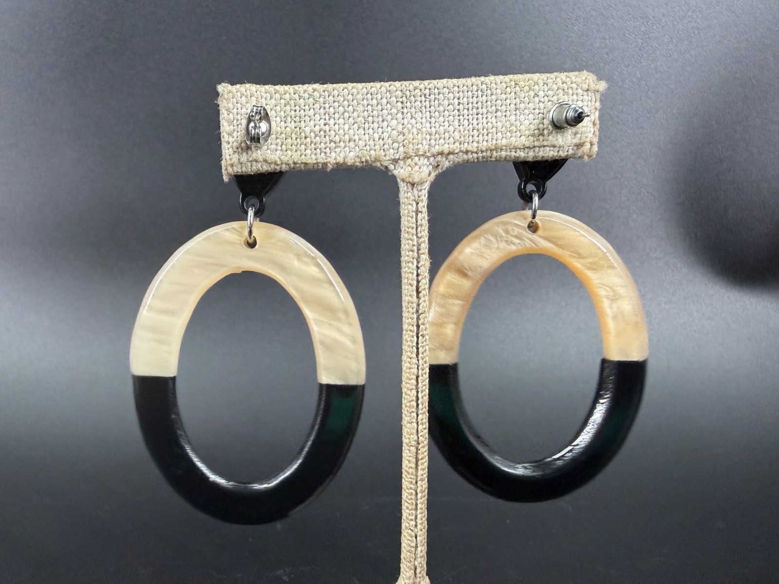 Mod Lucite Oval Dangle Earrings Black Cream Statement