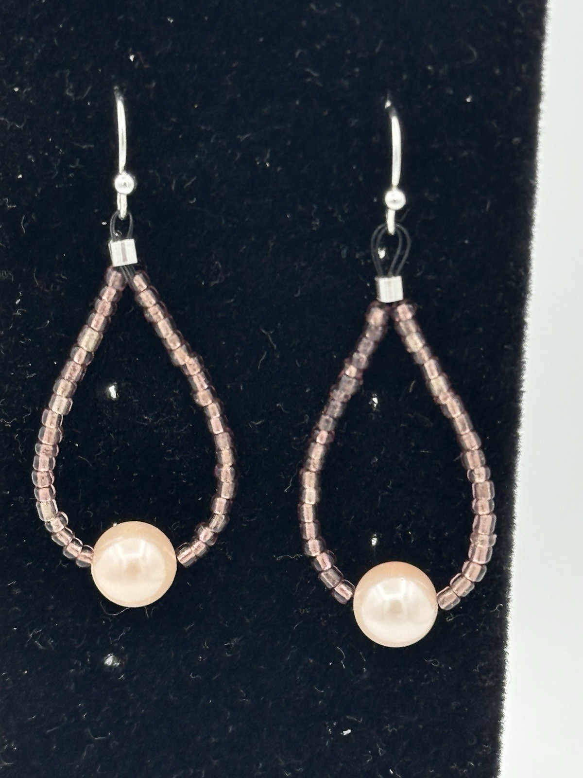 White Gold Plated, Lt Pink Shell Pearl & Glass Hoop Earrings