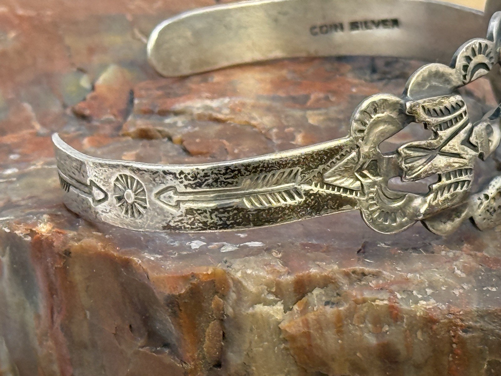 Vintage Navajo Fred Harvey Era Coin Silver Turquoise Stamped Cuff–1723.26