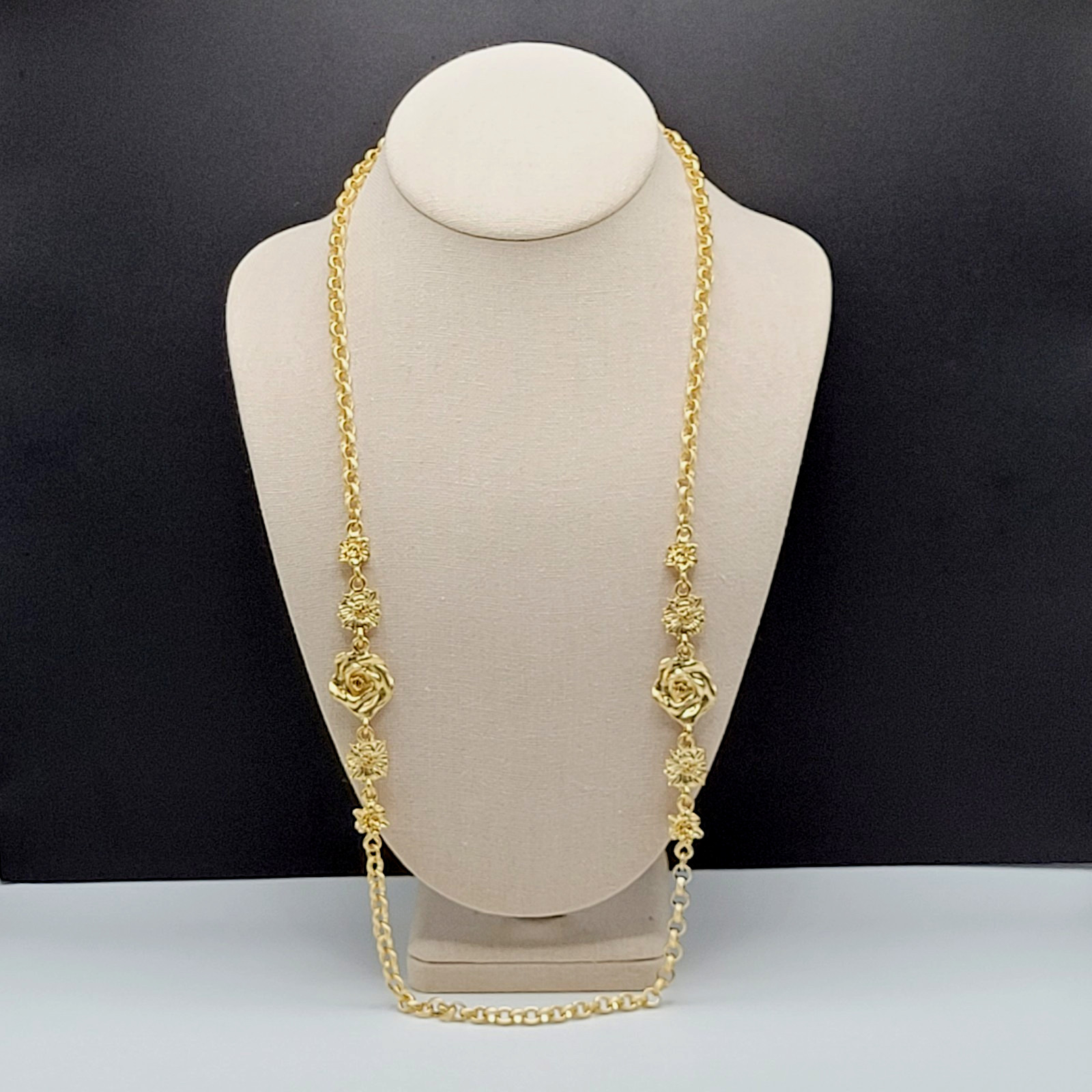 Unique Rose Floral Station Style Bright Gold Tone Sautoir Vintage Necklace Korea