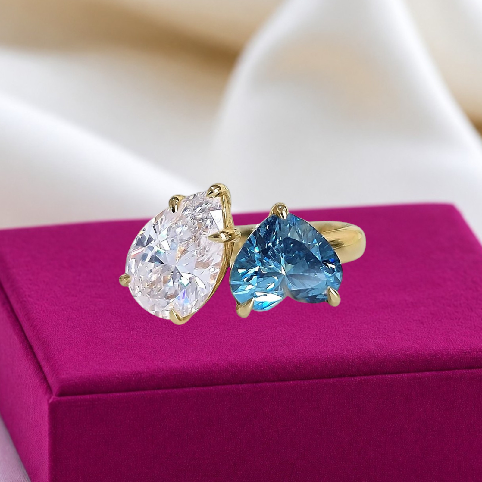 3.00 Ct Heart&Pear Cut 18K Yellow Gold Lab Grown Fancy Intense Blue Diamond Ring