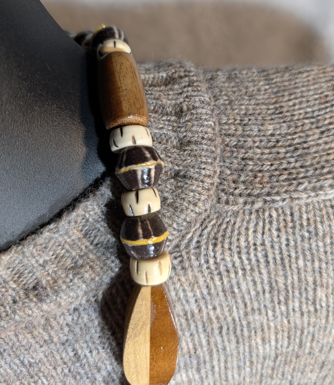 Tribal Wood Bead Necklace, African Krobo Bicone, Bone, Men’s 23in, Earth Tones