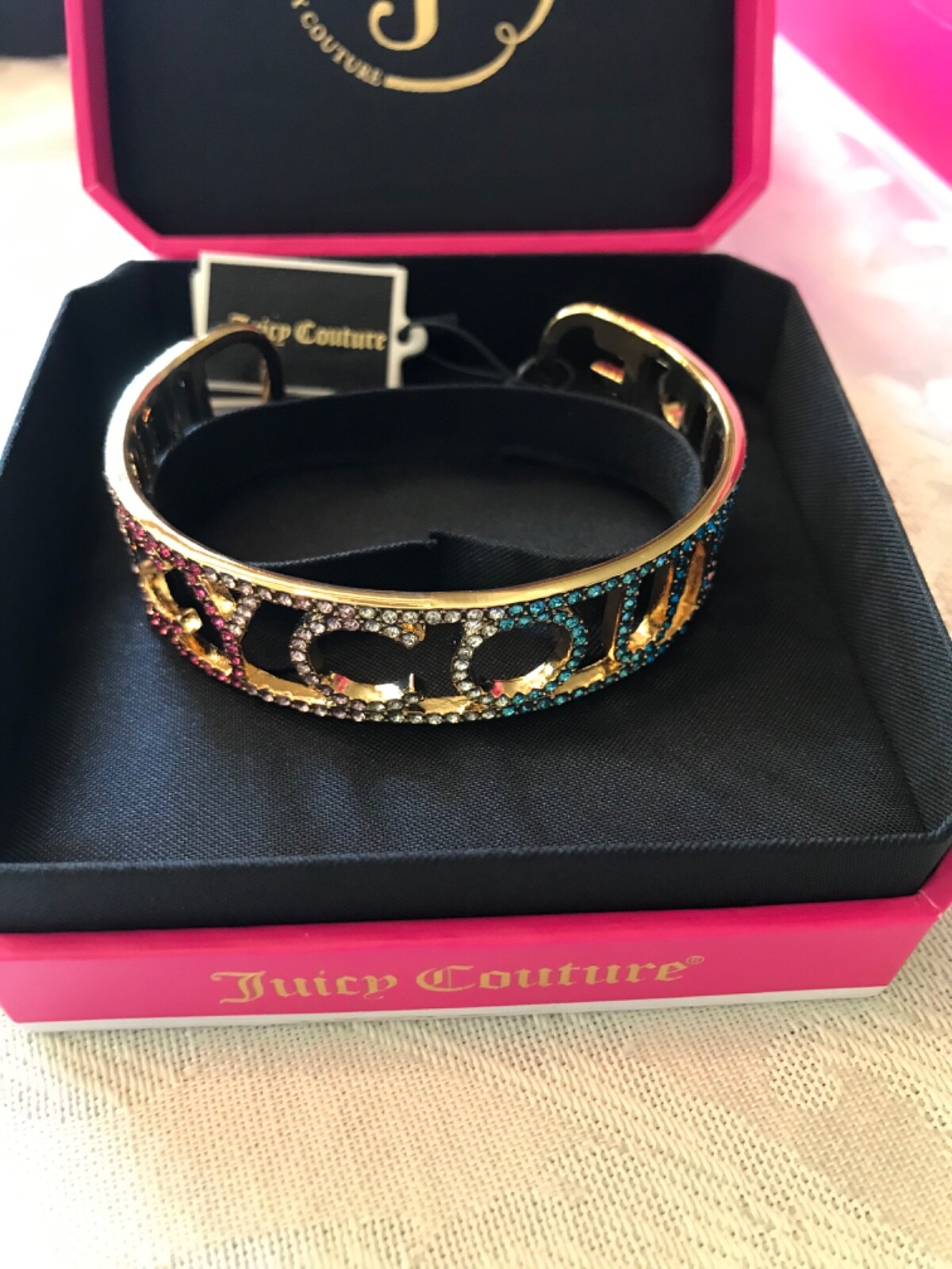 Y2K Iconic Juicy Couture Crystal Rainbow Bangle gold statement bracelet WJW688