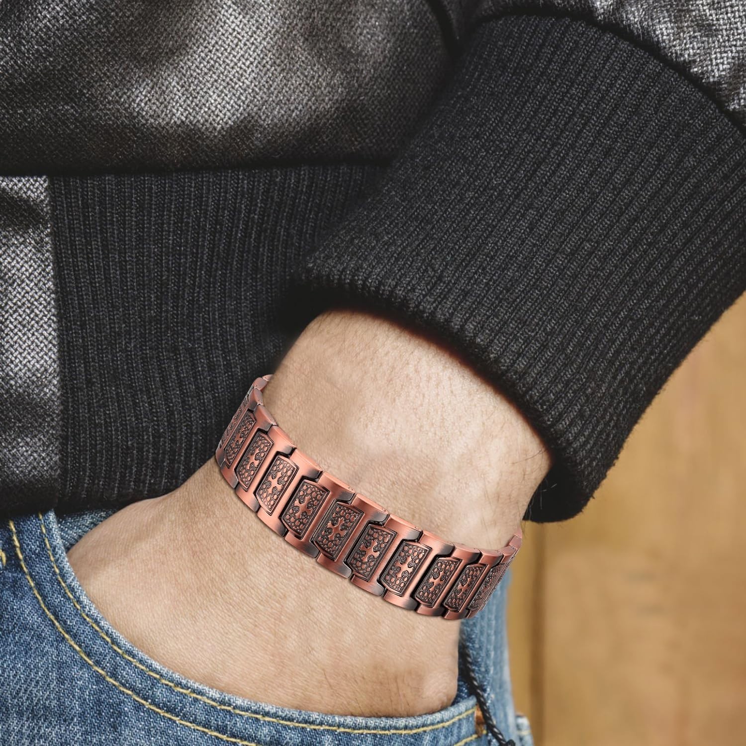 Double Sided Black Copper Magnetic Bracelet for Men Adjustable Pain Relief Arthr