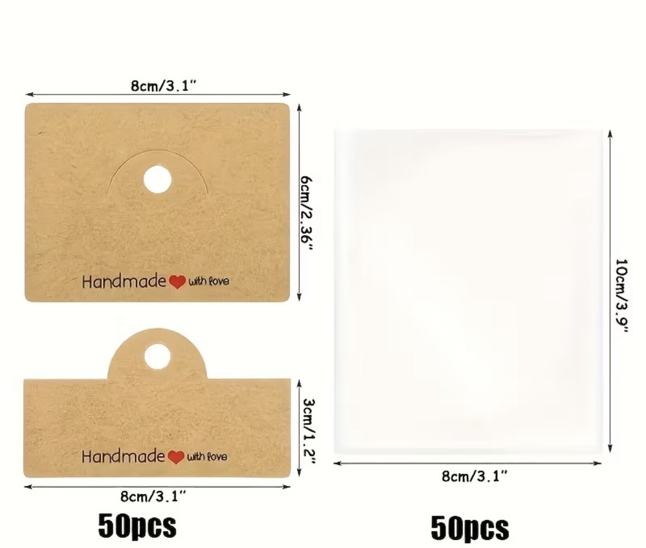 Handmade with Love Kraft Jewelry Display Cards & Clear Cellophane Bags – 15 Pack