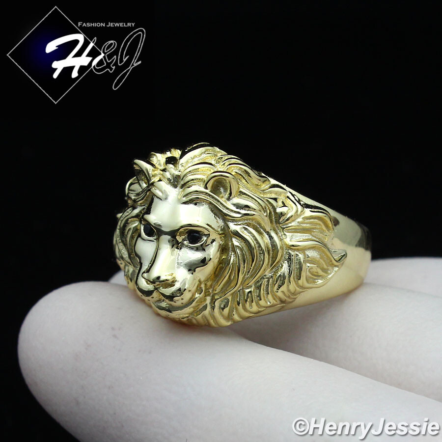 925 STERLING SILVER CUBIC ZIRCONIA EYE PLAIN GOLD PLATED 3D LION FACE RING*GR177