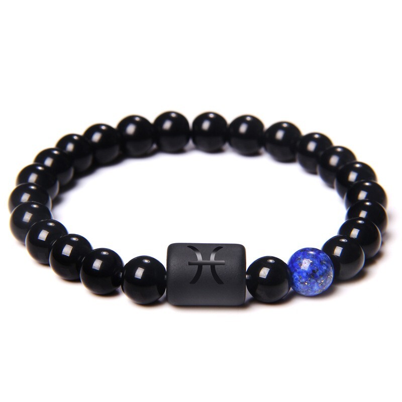 Zodiac Sign Natural Black Stone Beaded Elastic Stylish Bracelet Astrological