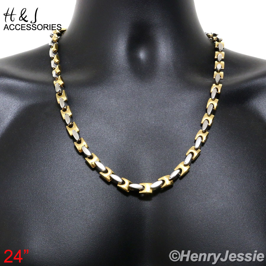 24″Stainless Steel HEAVY 8mm Silver/Gold Plated Interlock Bone Necklace Bracelet