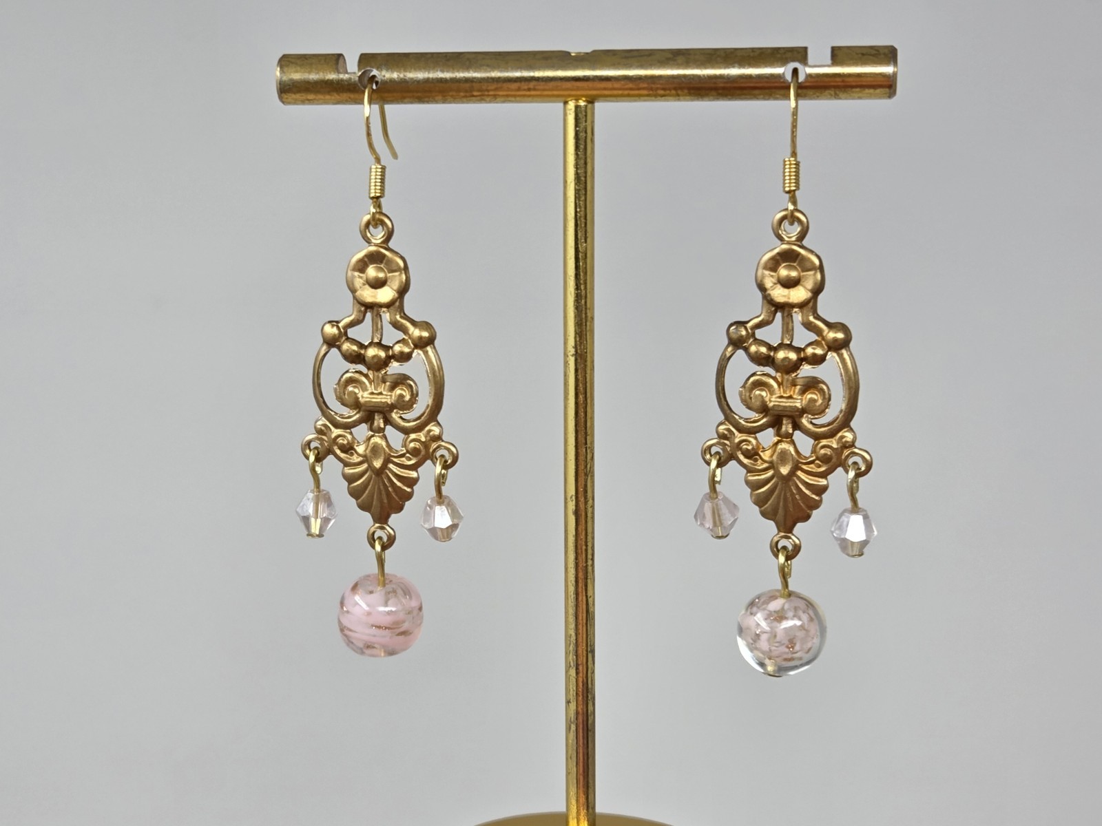 Light Pink Gold Murano Glass & Pink Crystal Dangle Drop Earrings Vintage 2 Inch
