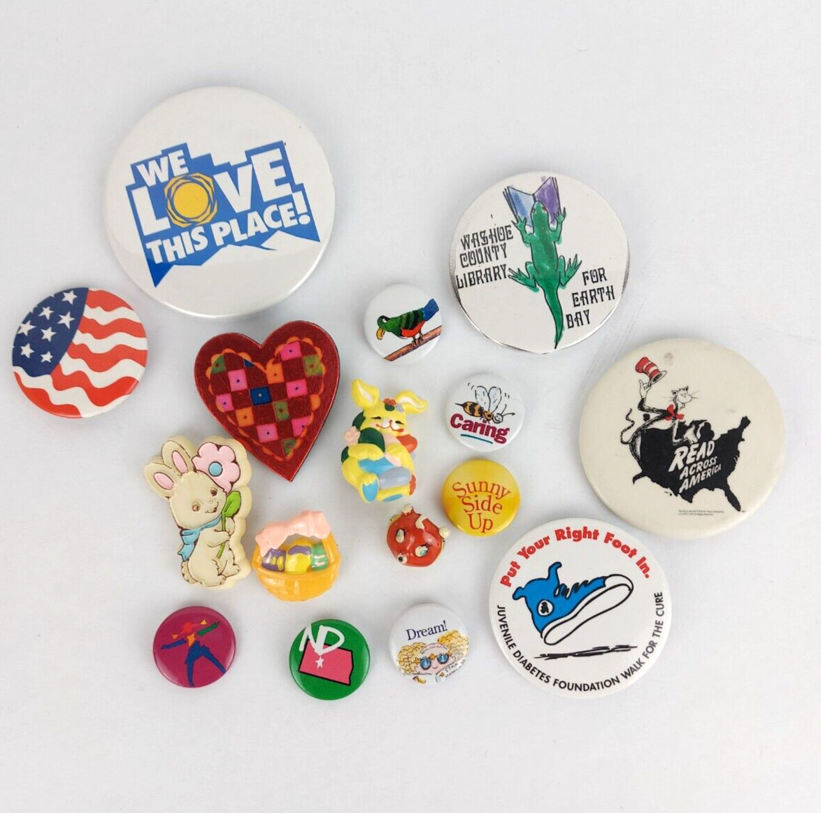 Vintage 1990s Assorted Mixed Pinback Pins Buttons Easter, Dr Seuss, USA 16 pc