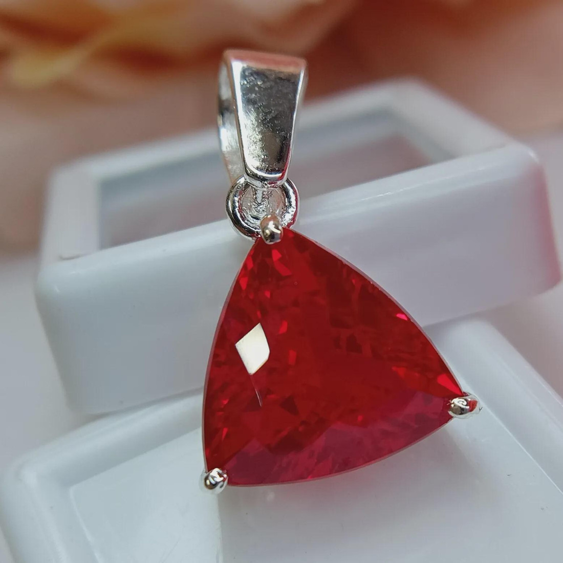 25 Ct Lab Created Ruby Trillion Pendant German Silver Solitaire Red Gemstone