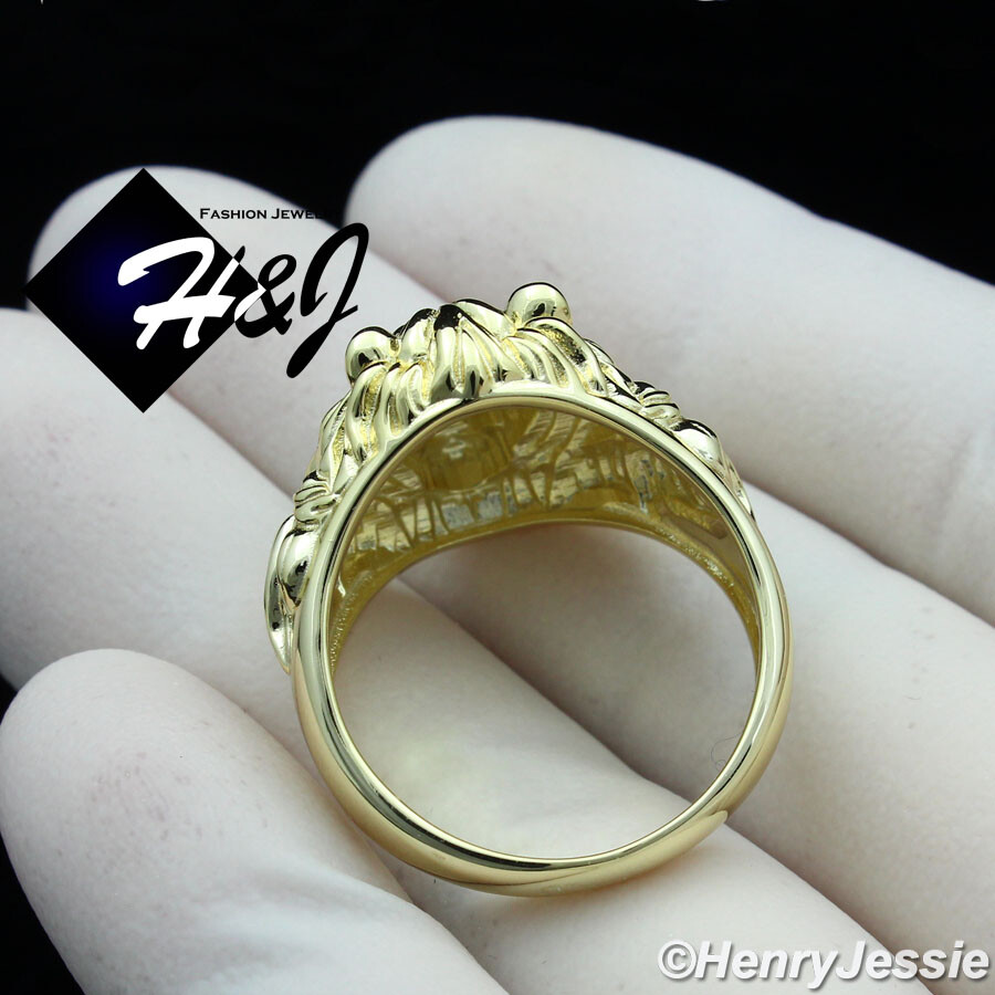 925 STERLING SILVER CUBIC ZIRCONIA EYE PLAIN GOLD PLATED 3D LION FACE RING*GR177
