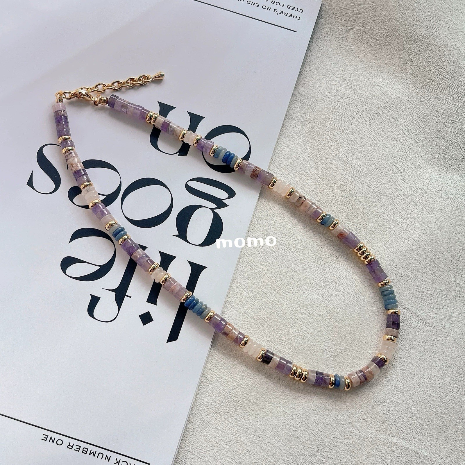Layered Jade Necklace Set, Purple/Blue/White Beads, 18K Gold Plated, Handmade