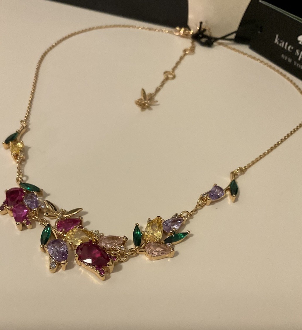 NWT Kate Spade New York Greenhouse Floral 12k Gold Plated CZ Crystals Necklace