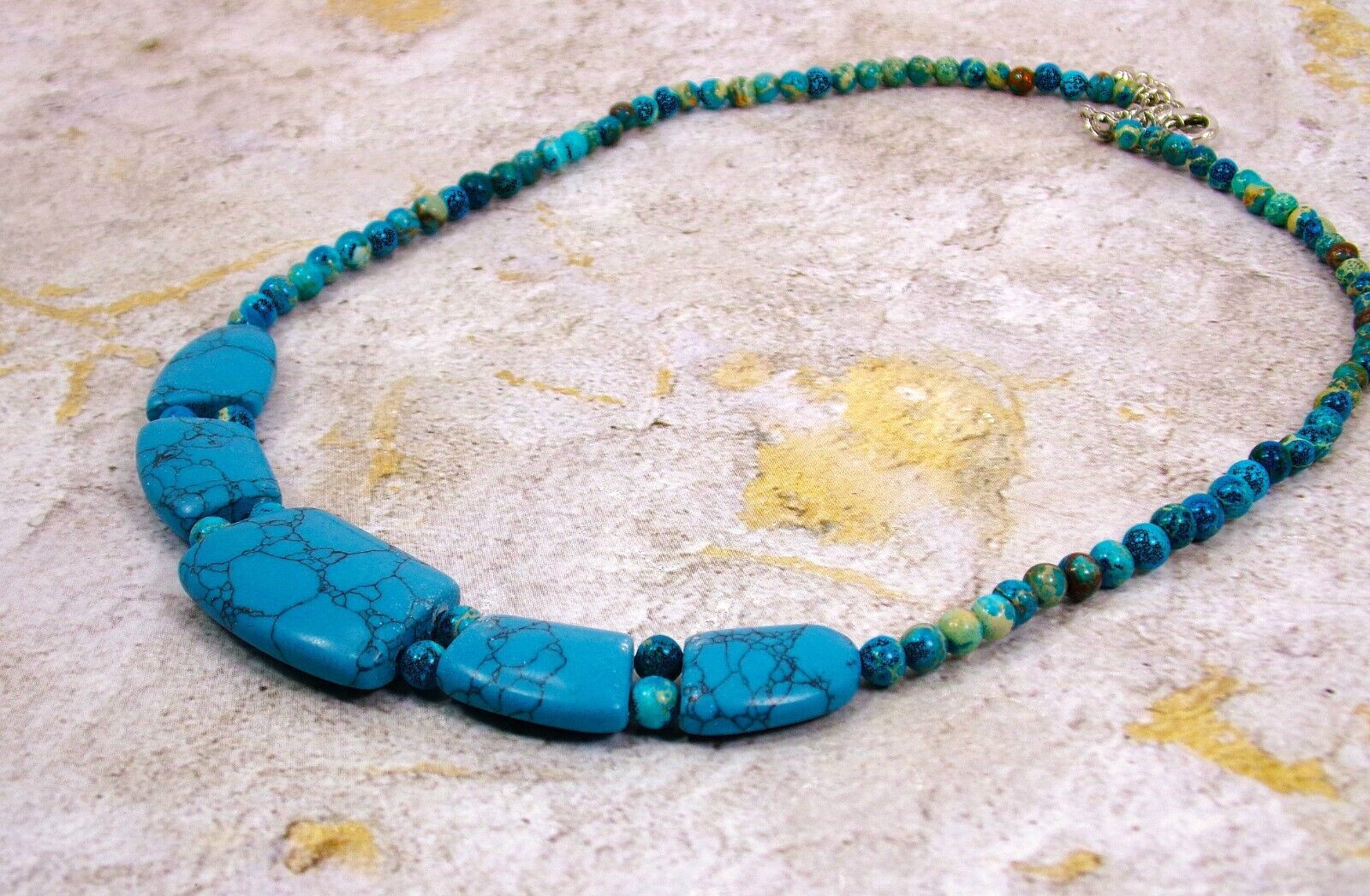 Turquoise stone necklace with large stones in front, small round bead neck New