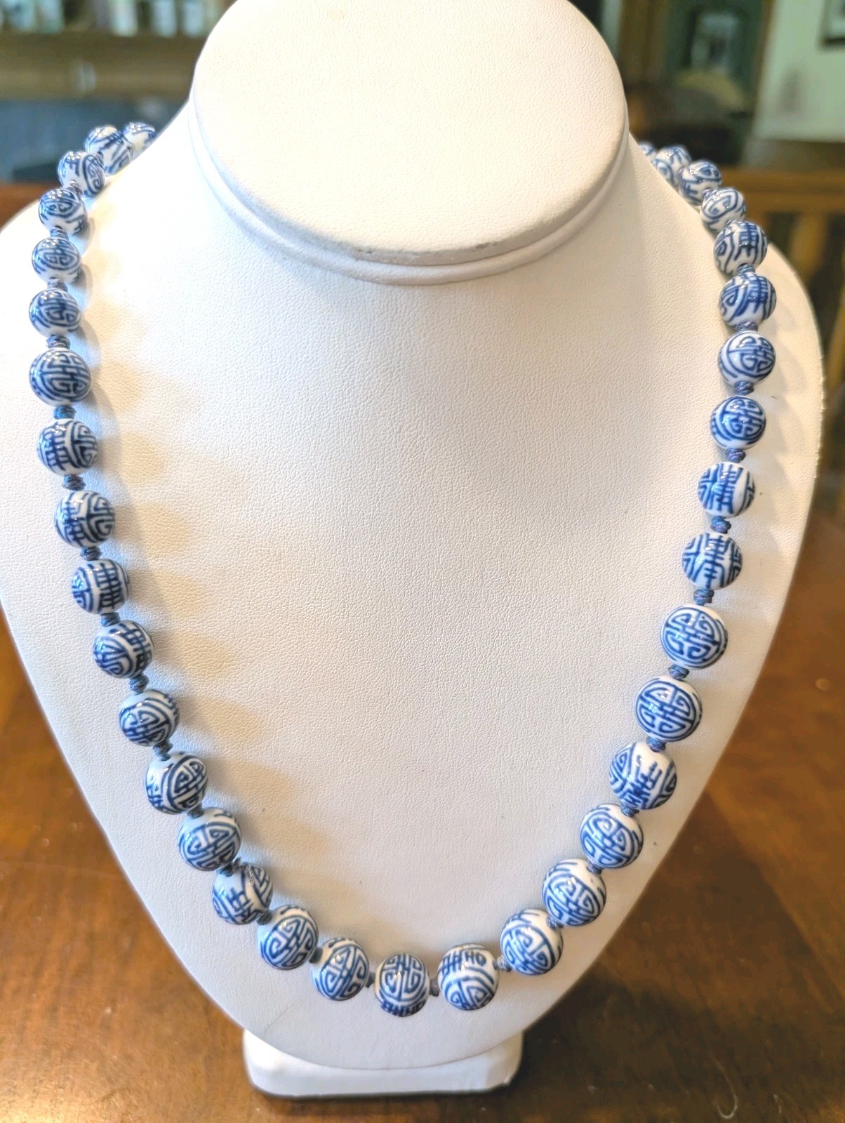 Vintage Chinese Export Blue White Porcelain Shou Knotted Bead 24” Necklace